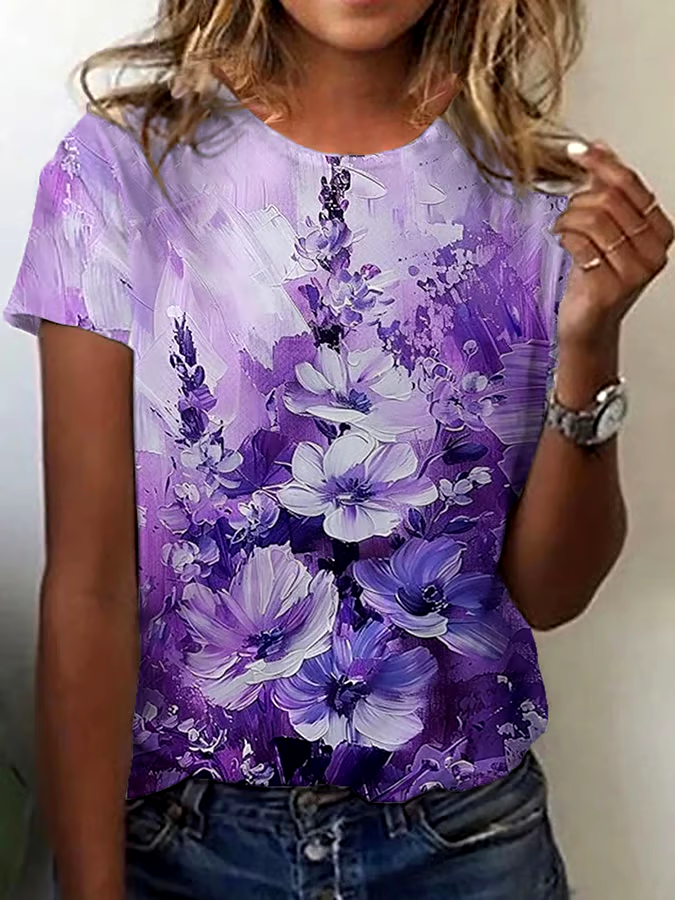 💜Buy 3 get 12% off丨Women's Alzheimer's Awareness Purple Floral Printed Short-sleeved T-shirt