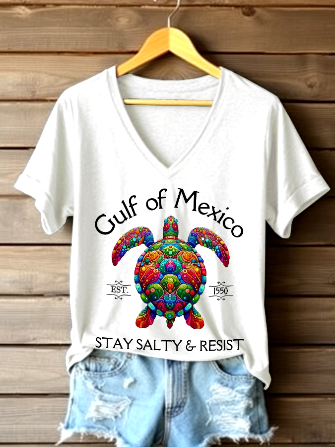 🌊Buy 3 get 12% off丨Women's Gulf Of Mexico Printed V Neck T-shirt