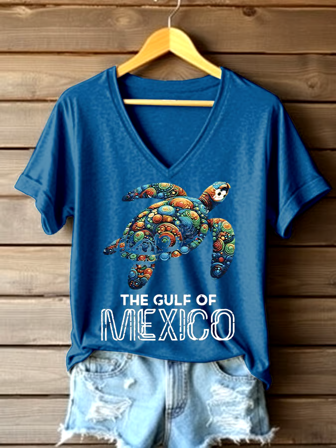 🌊Buy 3 get 12% off丨Women's Sea Turtle The Gulf Of Mexico Printed V Neck T-shirt
