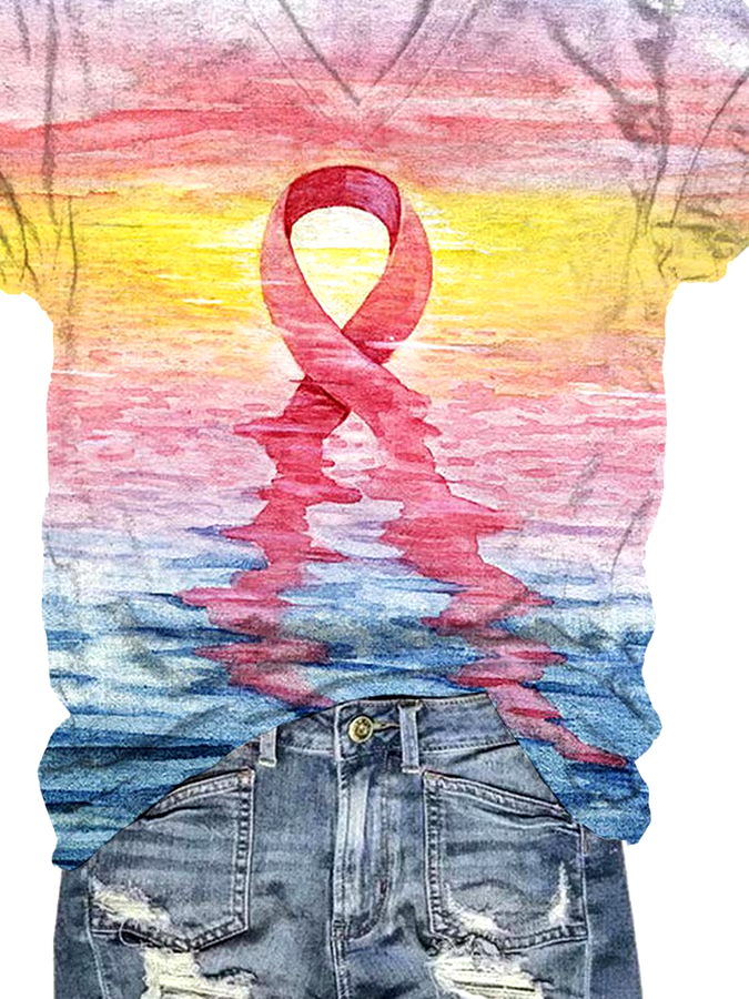 🎀Buy 3 get 12% off丨Women's Casual Pink Ribbon Breast Cancer Art Print Short Sleeve T-Shirt