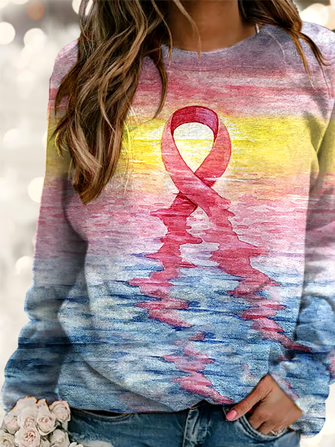 🎀Buy 3 get 12% off丨Women's Pink Ribbon Breast Cancer Art Print Long Sleeve Sweatshirt