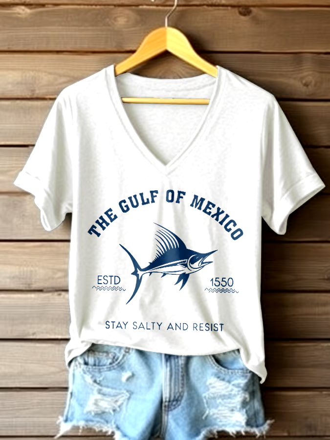 🌊Buy 3 get 12% off丨Women's Gulf Of Mexico Printed V Neck T-shirt