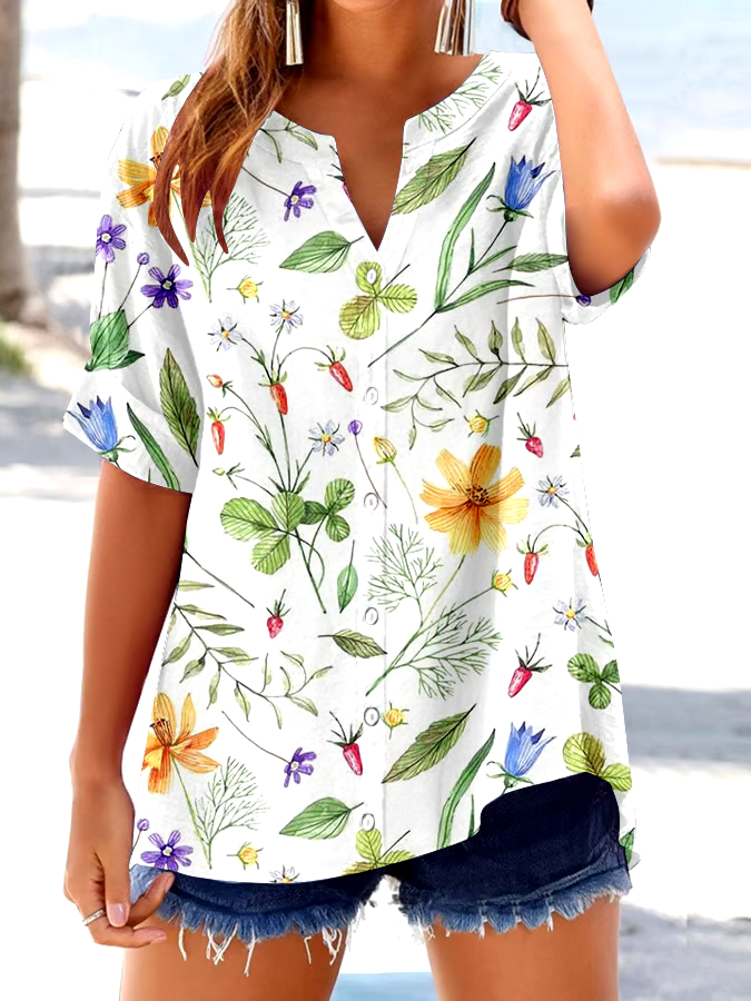 🌸Buy 3 get 12% off丨Women's Retro Botanical Floral Button Design V-Neck Three-Quarter Sleeve Shirt