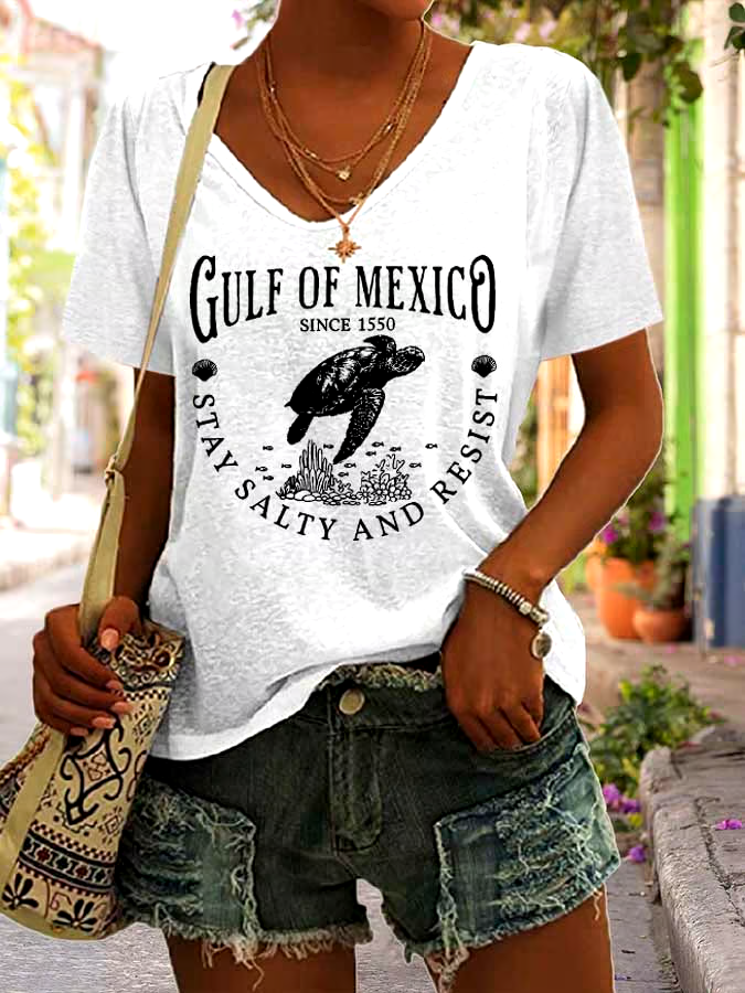 🌊Buy 3 get 12% off丨Women's Gulf Of Mexico Print V Neck Casual T-Shirt