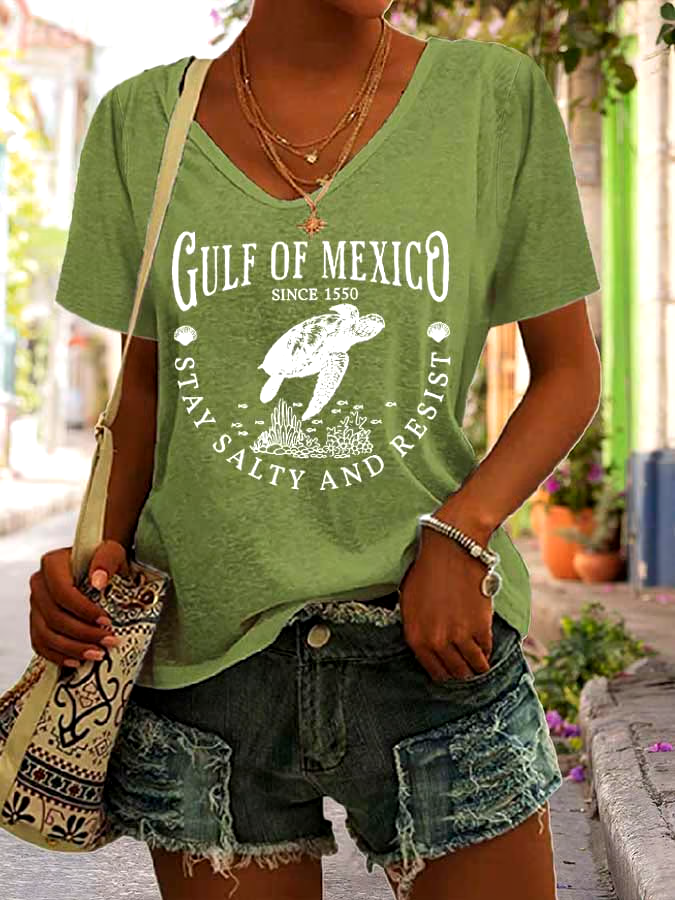 🌊Buy 3 get 12% off丨Women's Gulf Of Mexico Print V Neck Casual T-Shirt