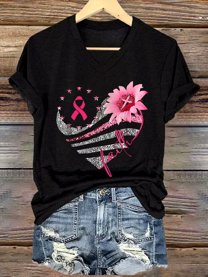 🎀Buy 3 get 12% off丨Women's Casual Breast Cancer Cure Graphic Print V-Neck Short Sleeve T-Shirt