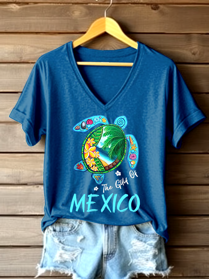 🌊Buy 3 get 12% off丨Women's Sea Turtle The Gulf Of Mexico Printed V Neck T-shirt
