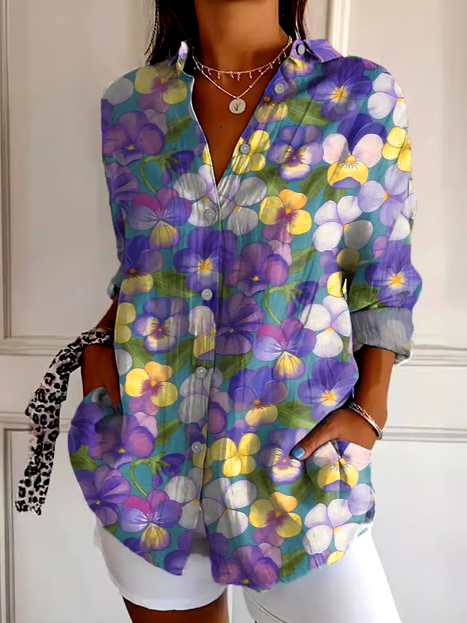 💜Buy 3 get 12% off丨Women's Art Purple Pansy Floral Print Shirt