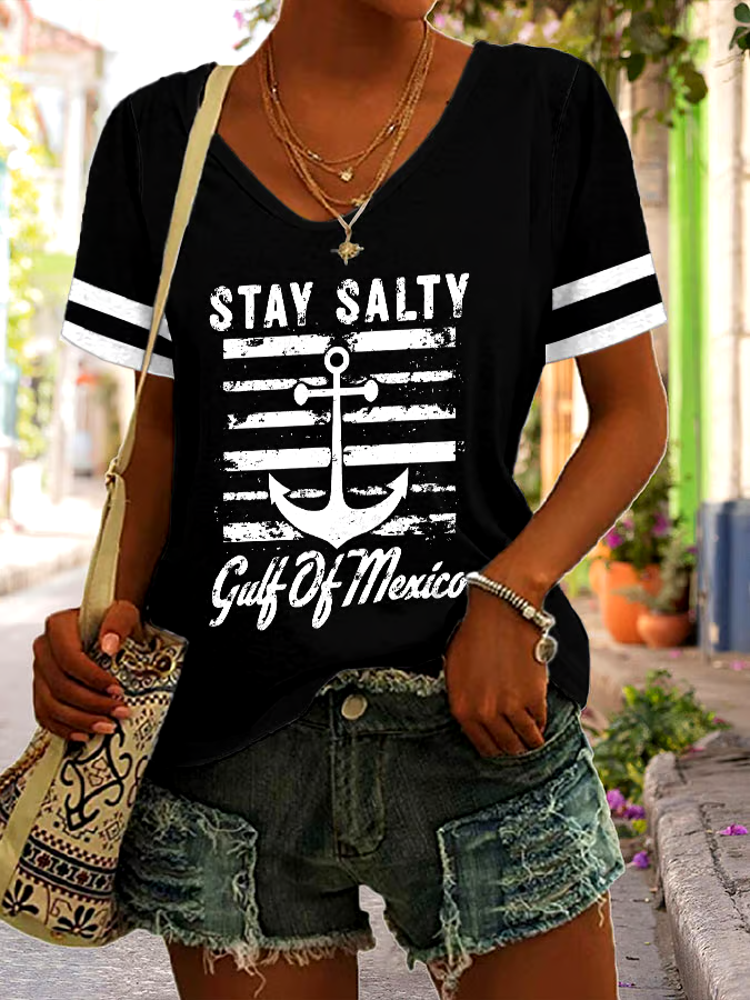 🌊Buy 3 get 12% off丨Women's Stay Salty Gulf Of Mexico Print V Neck T-Shirt