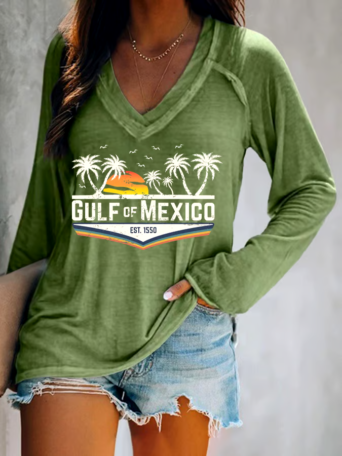 🌊Buy 3 get 12% off丨Women's Gulf Of Mexico Print V Neck T-Shirt