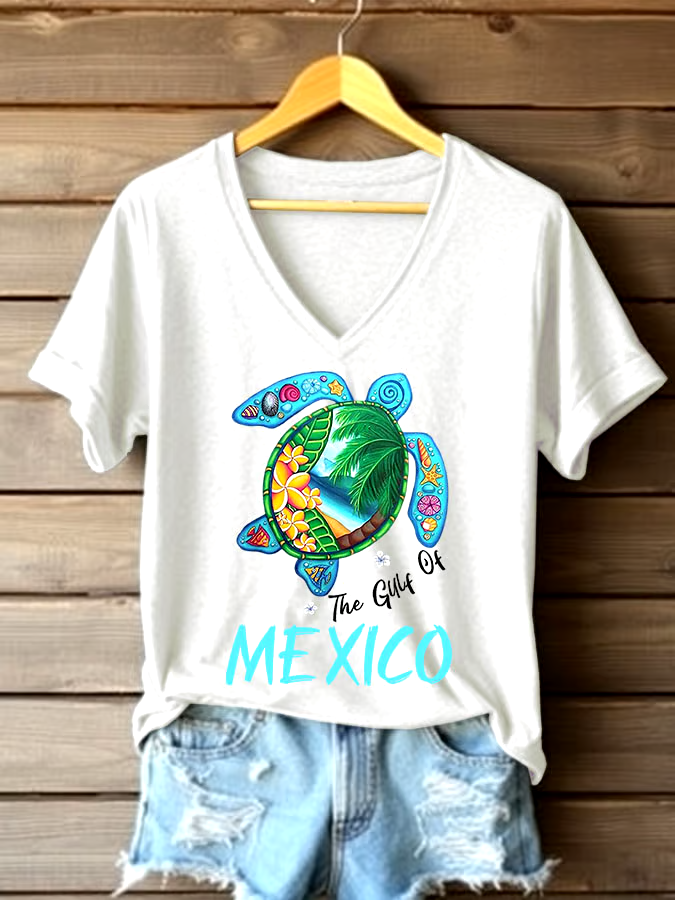 🌊Buy 3 get 12% off丨Women's Sea Turtle The Gulf Of Mexico Printed V Neck T-shirt