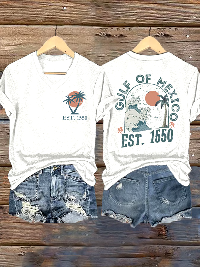 🌊Buy 3 get 12% off丨Women's Gulf Of Mexico Printed V Neck T-shirt