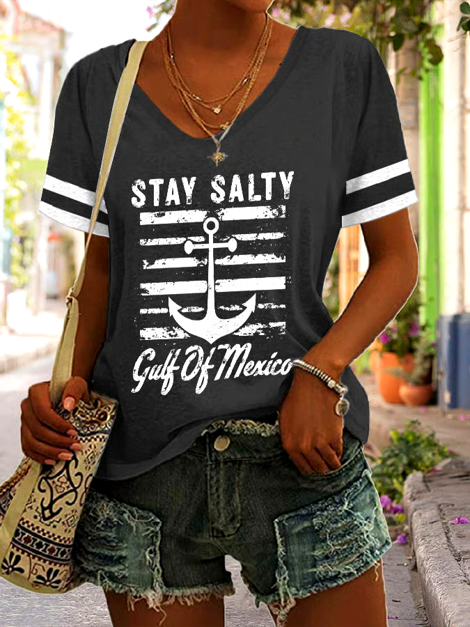 🌊Buy 3 get 12% off丨Women's Stay Salty Gulf Of Mexico Print V Neck T-Shirt