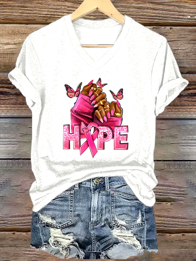 🎀Buy 3 get 12% off丨Women's Casual Breast Cancer Cure Graphic Print V-Neck Short Sleeve T-Shirt