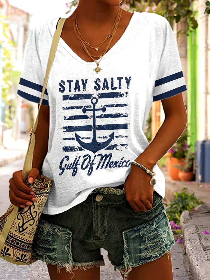 🌊Buy 3 get 12% off丨Women's Stay Salty Gulf Of Mexico Print V Neck T-Shirt