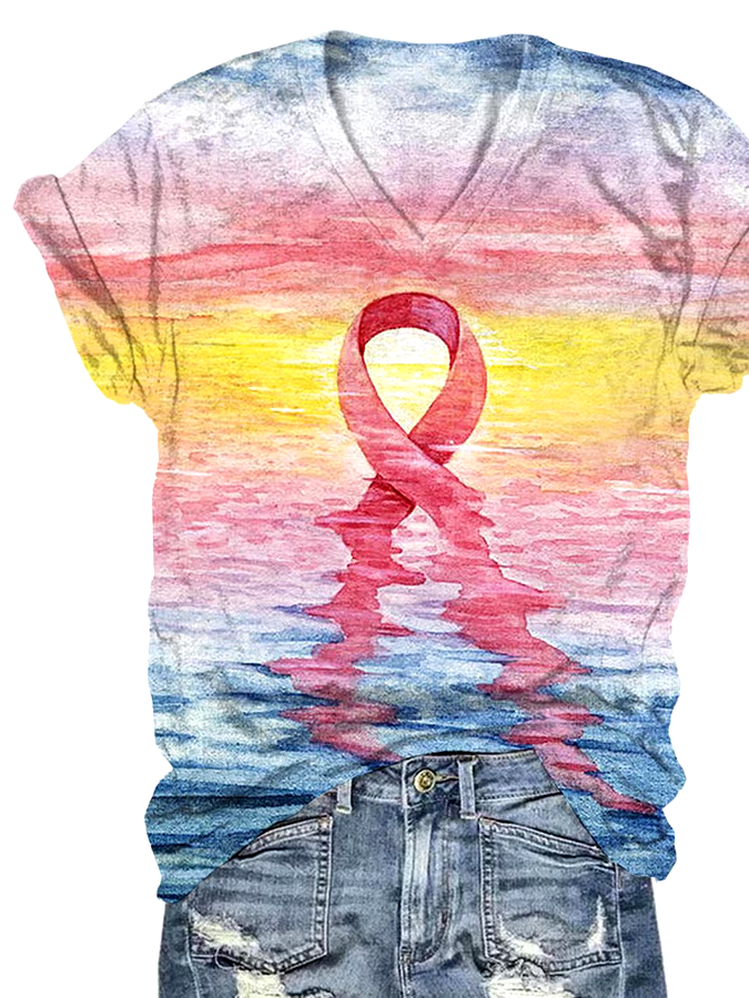 🎀Buy 3 get 12% off丨Women's Casual Pink Ribbon Breast Cancer Art Print Short Sleeve T-Shirt