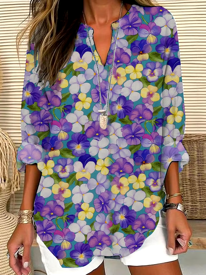 💜Buy 3 get 12% off丨Women's Casual Purple Art Pansy Cotton and Linen Shirt