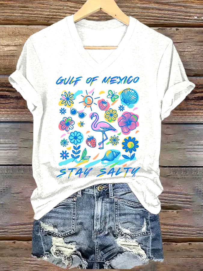 🌊Buy 3 get 12% off丨Women's Gulf Of Mexico Printed V Neck T-shirt