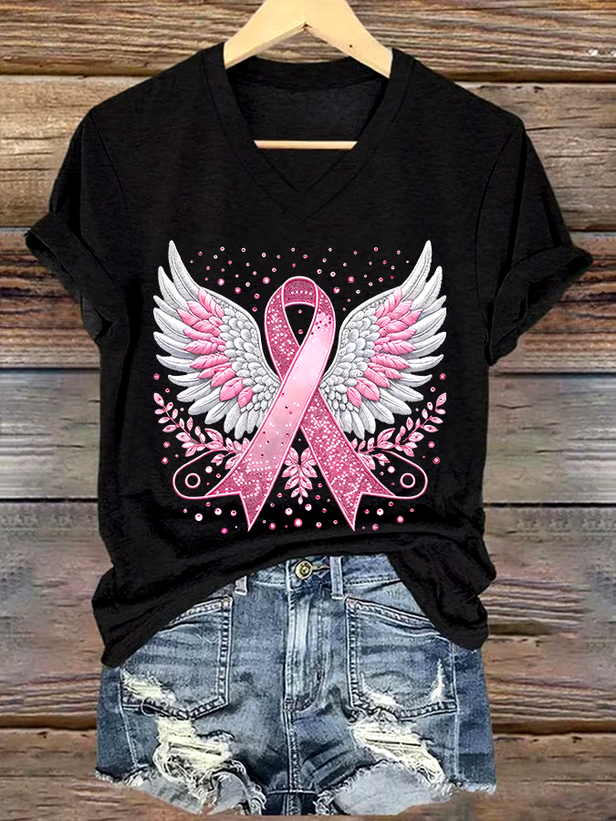 🎀Buy 3 get 12% off丨Women's Casual Breast Cancer Cure Graphic Print V-Neck Short Sleeve T-Shirt