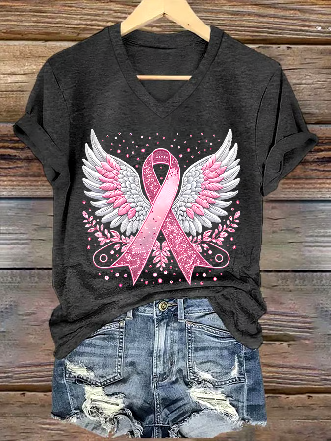 🎀Buy 3 get 12% off丨Women's Casual Breast Cancer Cure Graphic Print V-Neck Short Sleeve T-Shirt