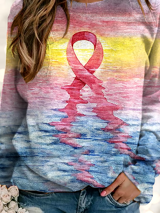 🎀Buy 3 get 12% off丨Women's Pink Ribbon Breast Cancer Art Print Long Sleeve Sweatshirt