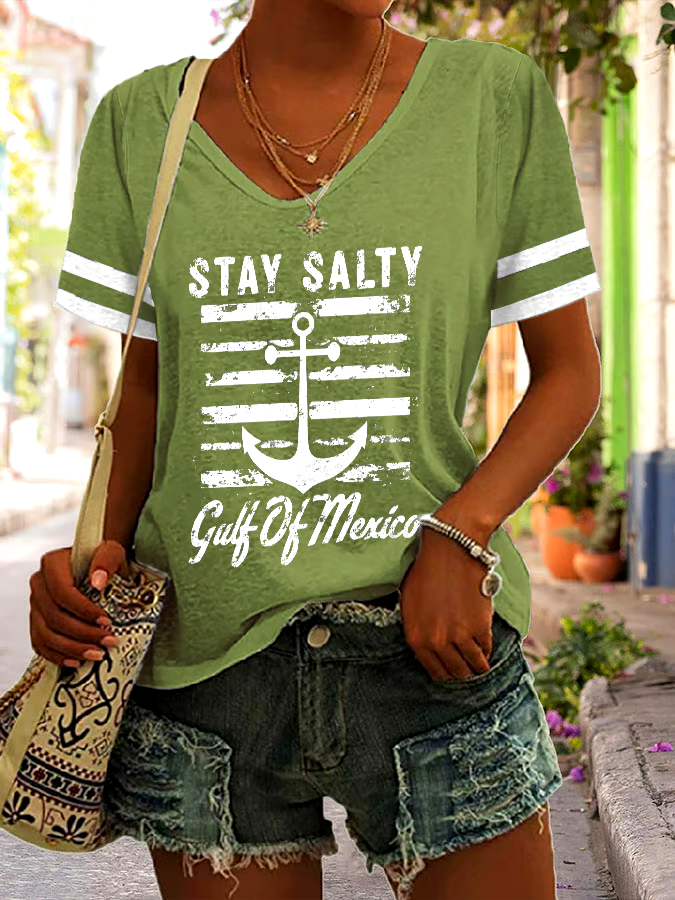 🌊Buy 3 get 12% off丨Women's Stay Salty Gulf Of Mexico Print V Neck T-Shirt