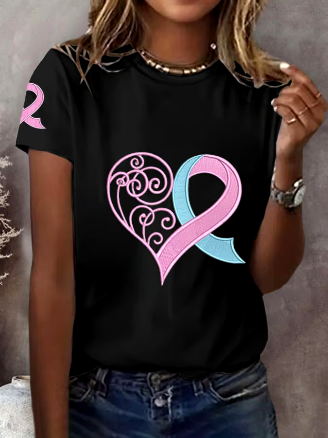 🎀Buy 3 get 12% off丨Women's Breast Cancer Awareness Love Pink Ribbon Print Casual T-Shirt