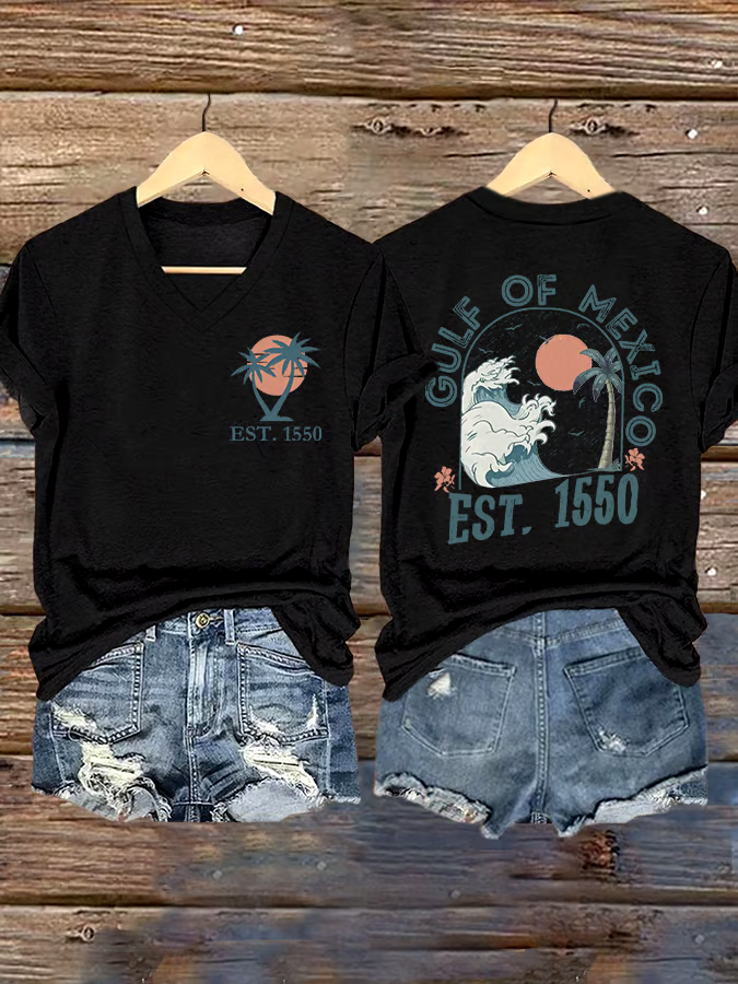 🌊Buy 3 get 12% off丨Women's Gulf Of Mexico Printed V Neck T-shirt