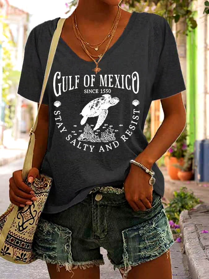 🌊Buy 3 get 12% off丨Women's Gulf Of Mexico Print V Neck Casual T-Shirt